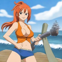 Create an image of Nami, the skilled navigator from One Piece, in a confident and attractive pose