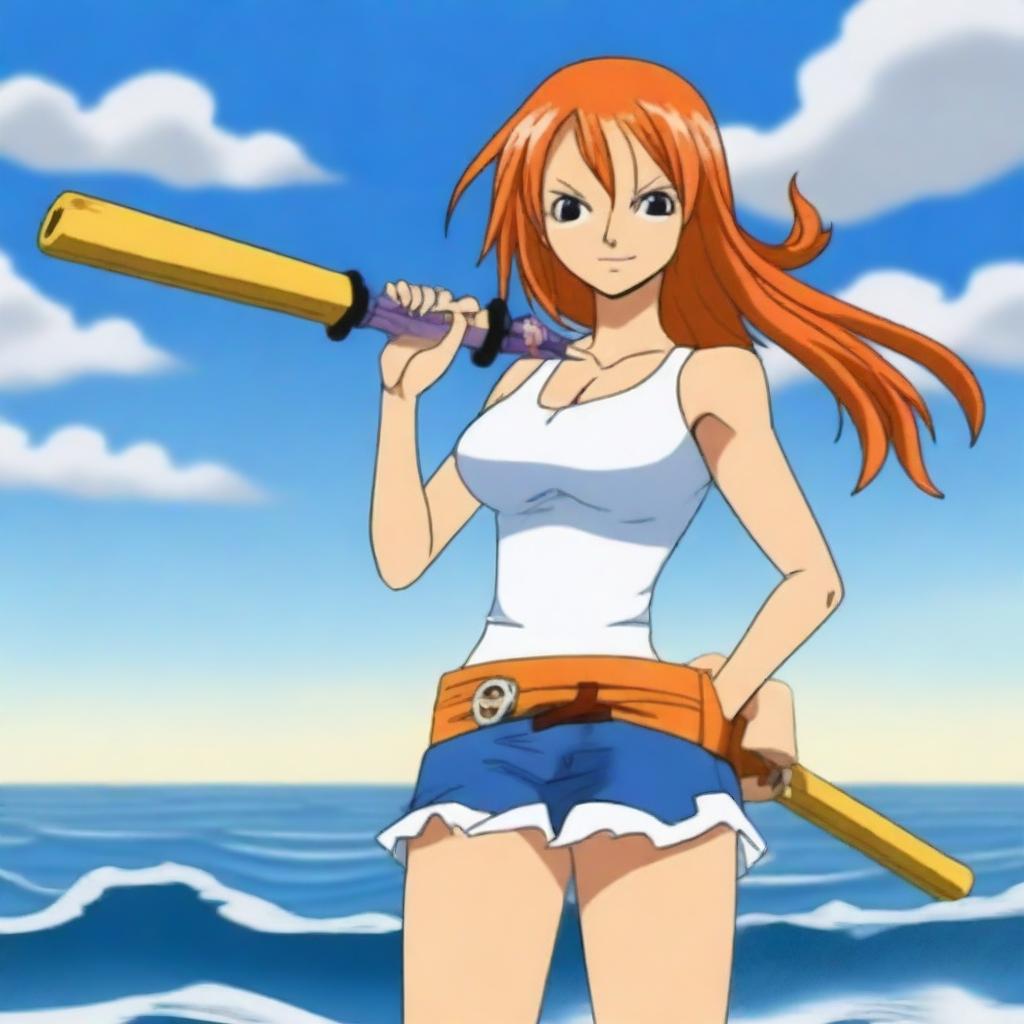 Create an image of Nami, the skilled navigator from One Piece, in a confident and attractive pose