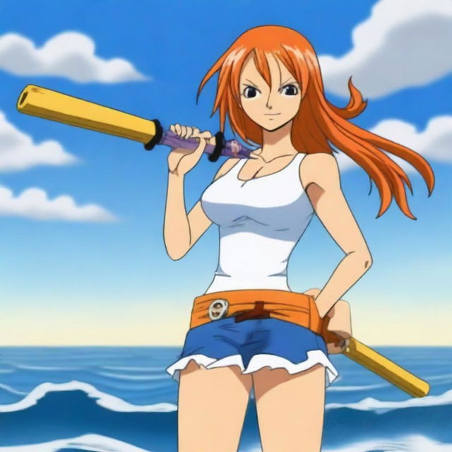 Create an image of Nami, the skilled navigator from One Piece, in a confident and attractive pose