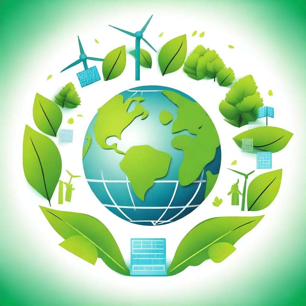 A detailed image of a globe surrounded by green leaves, with renewable energy icons such as wind turbines and solar panels