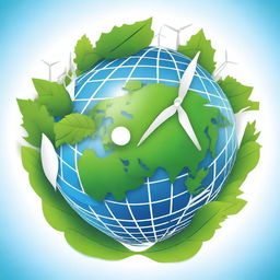 A detailed image of a globe surrounded by green leaves, with renewable energy icons such as wind turbines and solar panels