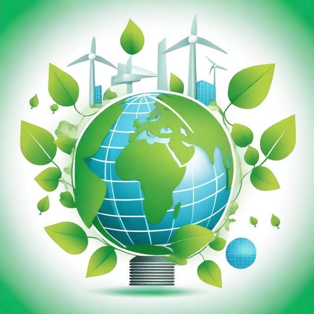 A detailed image of a globe surrounded by green leaves, with renewable energy icons such as wind turbines and solar panels