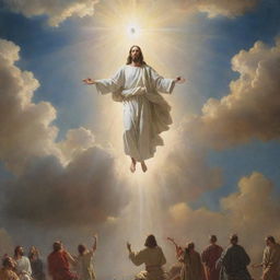 The return of Jesus Christ on a brilliantly luminous cloud, illuminating onlookers below. His figure exudes peace and divine power, as people on the ground gaze upward in awe.