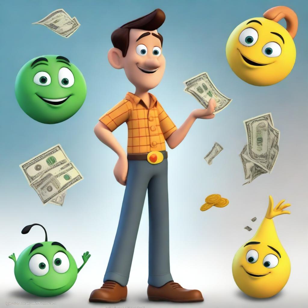 Create an image of a money maker character in a Pixar-inspired style