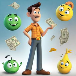 Create an image of a money maker character in a Pixar-inspired style