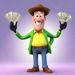 Create an image of a money maker character in a Pixar-inspired style