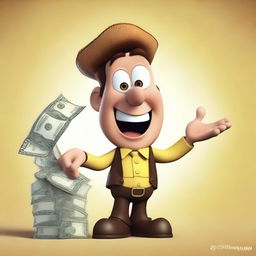 Create an image of a money maker character in a Pixar-inspired style