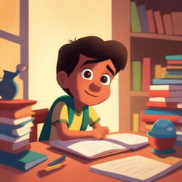 A Pixar-inspired illustration of a studious Mexican boy sitting at a desk, surrounded by books and school supplies