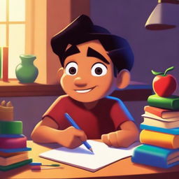 A Pixar-inspired illustration of a studious Mexican boy sitting at a desk, surrounded by books and school supplies