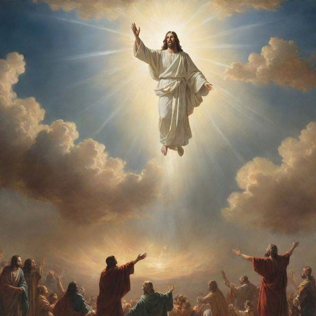 The return of Jesus Christ on a brilliantly luminous cloud, illuminating onlookers below. His figure exudes peace and divine power, as people on the ground gaze upward in awe.