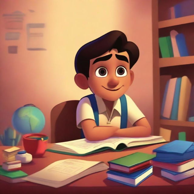 A Pixar-inspired illustration of a studious Mexican boy sitting at a desk, surrounded by books and school supplies