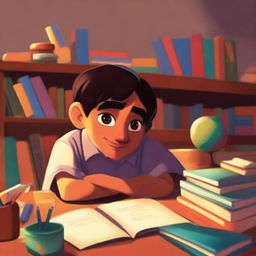 A Pixar-inspired illustration of a studious Mexican boy sitting at a desk, surrounded by books and school supplies