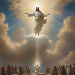 The return of Jesus Christ on a brilliantly luminous cloud, illuminating onlookers below. His figure exudes peace and divine power, as people on the ground gaze upward in awe.