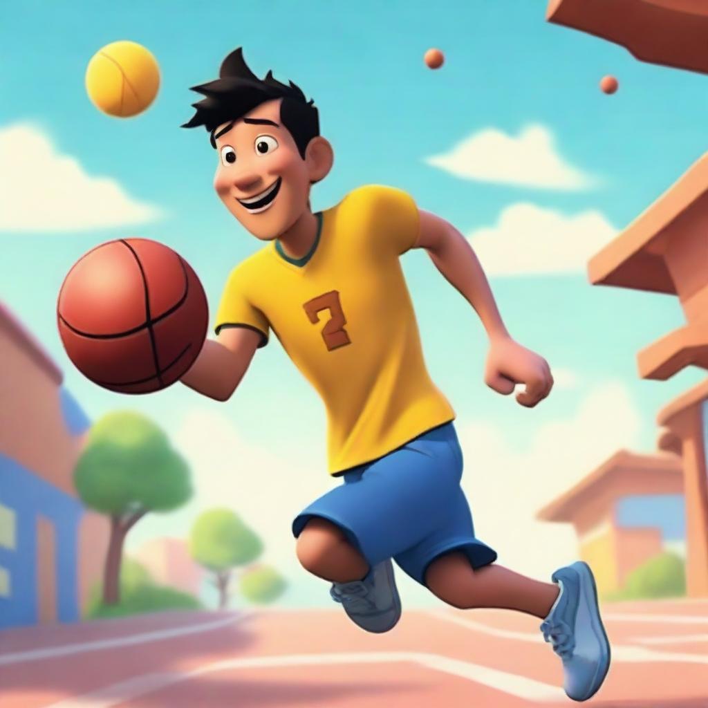 Create an image of an Asian male playing basketball and running outside in a Pixar-inspired style