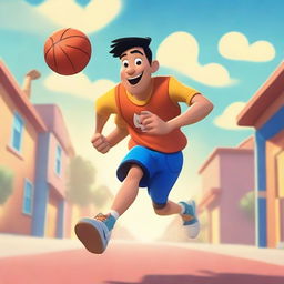 Create an image of an Asian male playing basketball and running outside in a Pixar-inspired style