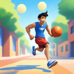 Create an image of an Asian male playing basketball and running outside in a Pixar-inspired style