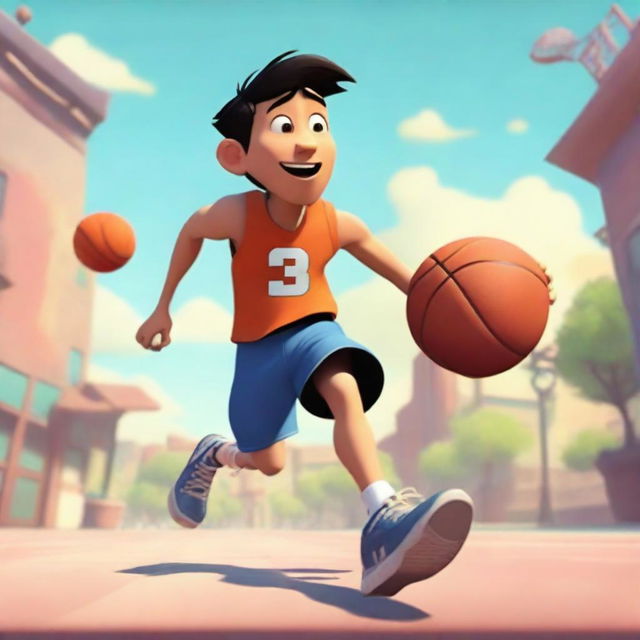 Create an image of an Asian male playing basketball and running outside in a Pixar-inspired style