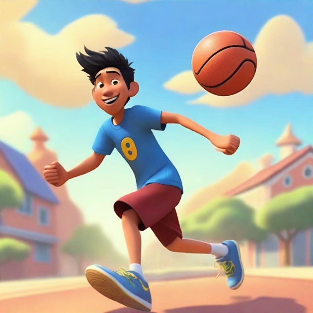 Create an image of an Asian male playing basketball and running outside in a Pixar-inspired style