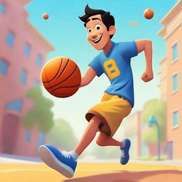 Create an image of an Asian male playing basketball and running outside in a Pixar-inspired style