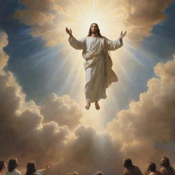 The return of Jesus Christ on a brilliantly luminous cloud, illuminating onlookers below. His figure exudes peace and divine power, as people on the ground gaze upward in awe.