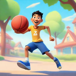 Create an image of an Asian male playing basketball and running outside in a Pixar-inspired style