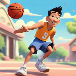 Create an image of an Asian male playing basketball and running outside in a Pixar-inspired style