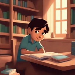 A Pixar-inspired illustration of a studious Mexican boy studying diligently in a cozy library