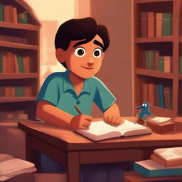 A Pixar-inspired illustration of a studious Mexican boy studying diligently in a cozy library