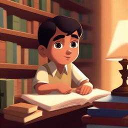 A Pixar-inspired illustration of a studious Mexican boy studying diligently in a cozy library