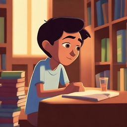 A Pixar-inspired illustration of a studious Mexican boy studying diligently in a cozy library