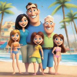 Create a Pixar-inspired movie poster featuring a couple and their three nephews and five nieces aged 11, 10, 8, 8, 7, 5, 4, and 2