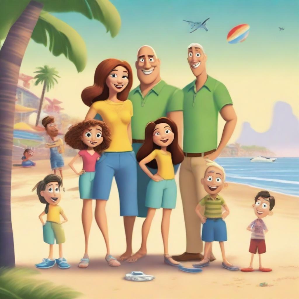 Create a Pixar-inspired movie poster featuring a couple and their three nephews and five nieces aged 11, 10, 8, 8, 7, 5, 4, and 2