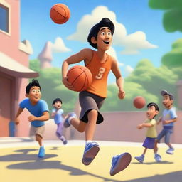 Create an image of an Asian male playing basketball and running a 5-on-5 game against other people outside in a Pixar-inspired style