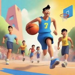 Create an image of an Asian male playing basketball and running a 5-on-5 game against other people outside in a Pixar-inspired style