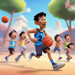 Create an image of an Asian male playing basketball and running a 5-on-5 game against other people outside in a Pixar-inspired style