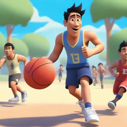 Create an image of an Asian male playing basketball and running a 5-on-5 game against other people outside in a Pixar-inspired style