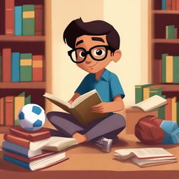 A Pixar-inspired illustration of a studious Mexican boy with glasses, studying in a library