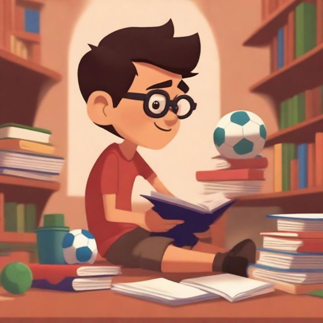 A Pixar-inspired illustration of a studious Mexican boy with glasses, studying in a library