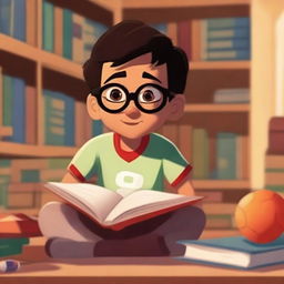 A Pixar-inspired illustration of a studious Mexican boy with glasses, studying in a library