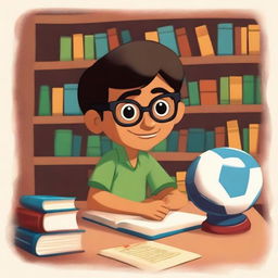 A Pixar-inspired illustration of a studious Mexican boy with glasses, studying in a library