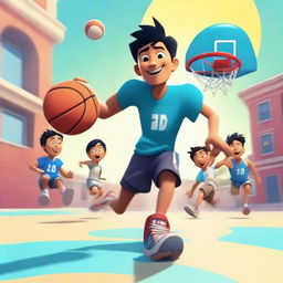 Create an image of an Asian male playing basketball and running a 5-on-5 game against other people, dunking on them, in a Pixar-inspired style