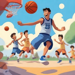 Create an image of an Asian male playing basketball and running a 5-on-5 game against other people, dunking on them, in a Pixar-inspired style