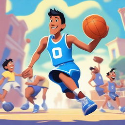 Create an image of an Asian male playing basketball and running a 5-on-5 game against other people, dunking on them, in a Pixar-inspired style