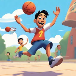 Create an image of an Asian male playing basketball and running a 5-on-5 game against other people, dunking on them, in a Pixar-inspired style