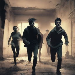 A group of teenagers are running at full sprint through an abandoned manor, being chased by a demonic entity