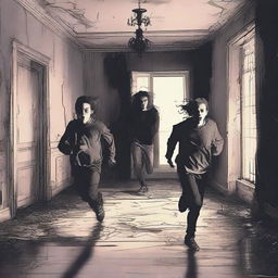 A group of teenagers are running at full sprint through an abandoned manor, being chased by a demonic entity