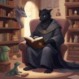 A black-haired wizard is sitting in a comfortable armchair with a baby dragon perched on his lap