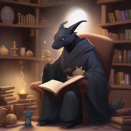 A black-haired wizard is sitting in a comfortable armchair with a baby dragon perched on his lap