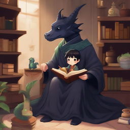 A black-haired wizard is sitting in a comfortable armchair with a baby dragon perched on his lap