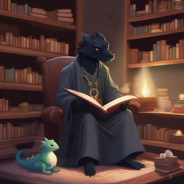 A black-haired wizard is sitting in a comfortable armchair with a baby dragon perched on his lap